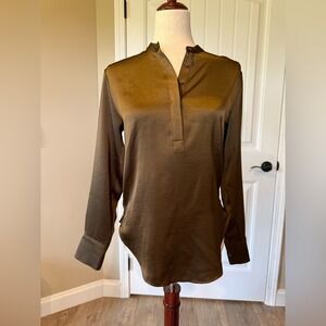 Banana Republic Olive Green Satin Button Front Long Sleeve Shirt XS
